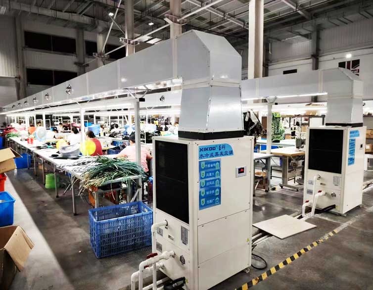 制衣廠區(qū)域崗位降溫，安裝蒸發(fā)冷省電空調(diào)-立式管道機